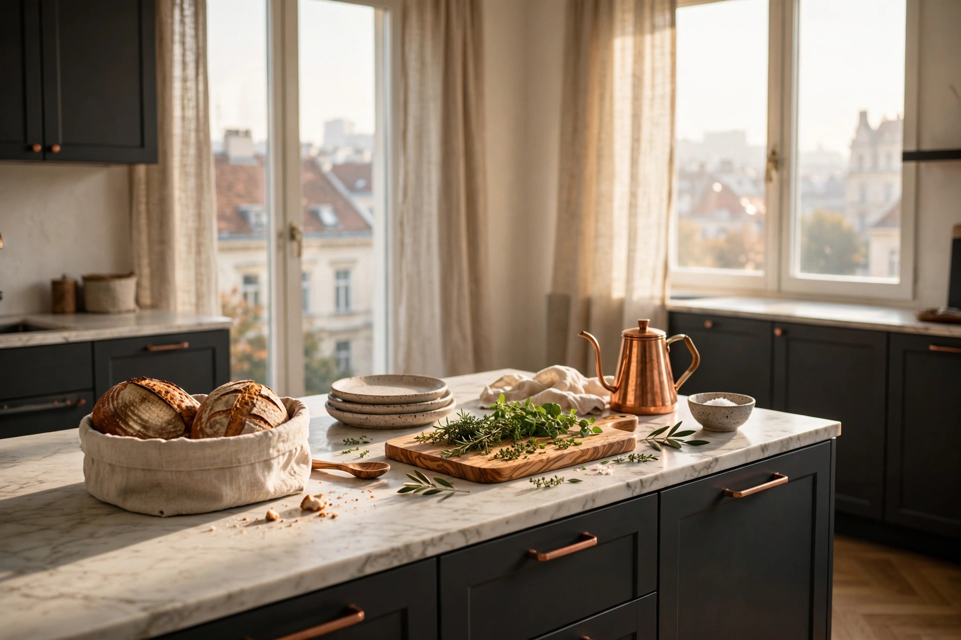 Warm Vienna apartment kitchen with copper and linen accents